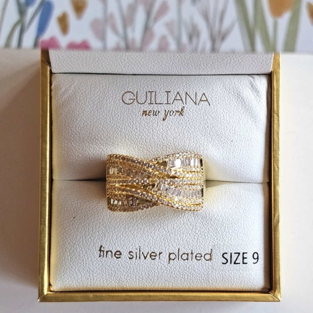 Guiliana NY Gold Statement Ring Size 9 CZ Baguette Wide Band Silver Plated